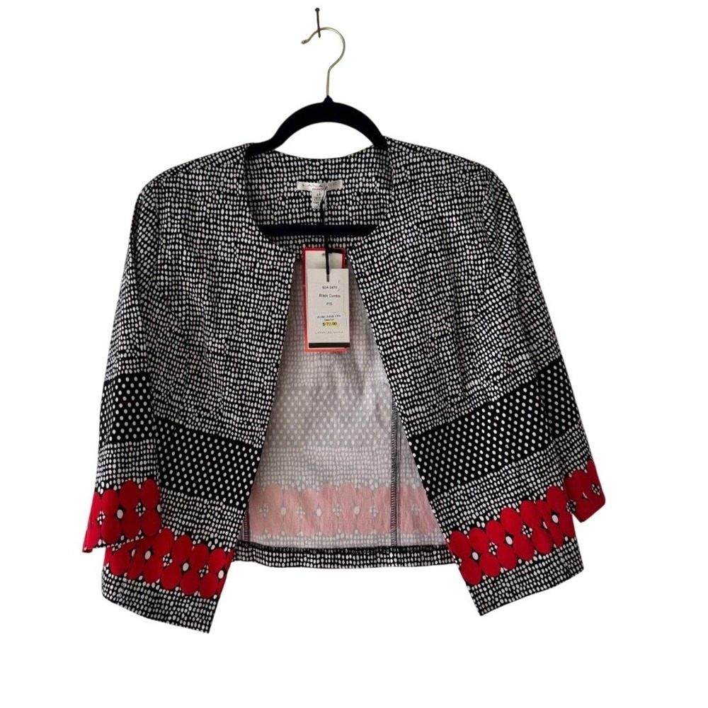 Lana Lee Montreal Womens Open Front Bolero Jacket Black White Red Floral S NWT